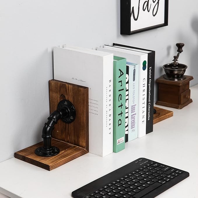 Rustic Decorative Wooden Tabletop Farmhouse Bookends for Heavy Books with Modern Industrial-Style Pipe Office Desktop Bookshelf Organizers Stoppers Holder Nonskid Shelf Decor 1-Pair (Brown)