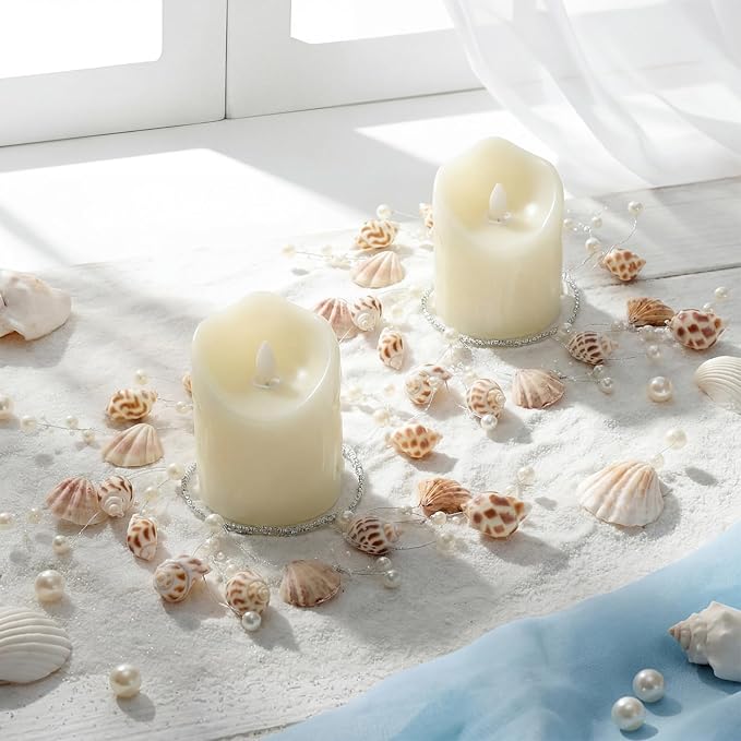 Daifunli 2 Pcs Summer Sea Shell and Pearl Candle Ring Artificial Sea Shell and Pearl Wreaths for Pillar 3.9 Inch Candles Holder for Summer Country Wedding Kitchen Rustic Table Centerpiece Decor