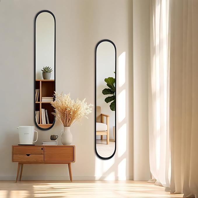 OUSHUAI Black Full Length Oval Mirror, 2-Pack Narrow Capsule Long Mirrors with Metal Frame for Dressing, Hallway, Living Room, Entryway Wall Decor