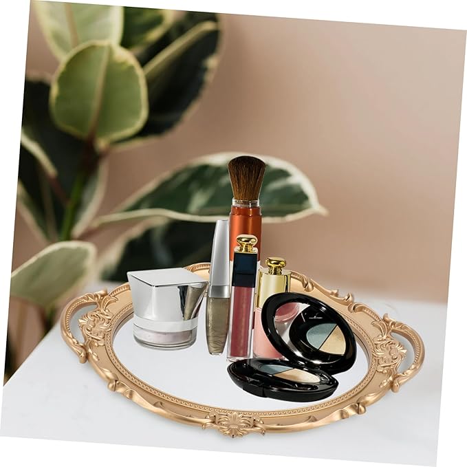 Generic Vintage Retro Mirror Tray Decorative Storage Plate for Jewelry and Perfume Elegant European Style Makeup Organizer Tray for Vanity and Dresser Delicate High-Texture Oval Mirror