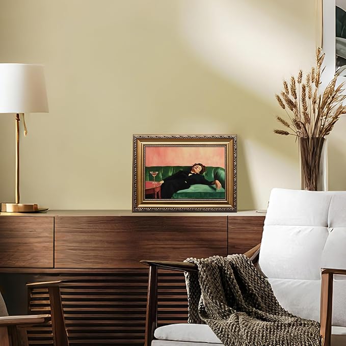KBKBART Vintage Gold Framed Wall Art, Moody Wall Decor, Funky Victorian Woman on Couch with Martini Picture Canvas Paintings Artist for Bedroom Living Room Home Office Bathroom Decor 9x12Inch