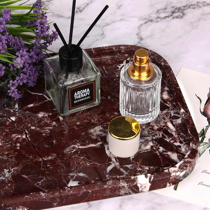 Marble Bathroom Vanity Tray, Natural Marble Home Kitchen Table Tray, Stone Decorative Countertop Serving Organizer for Dresser Coffee Perfume Jewelry Makeup (1, Rosso Lepanto L, 12 * 8 * 0.8)