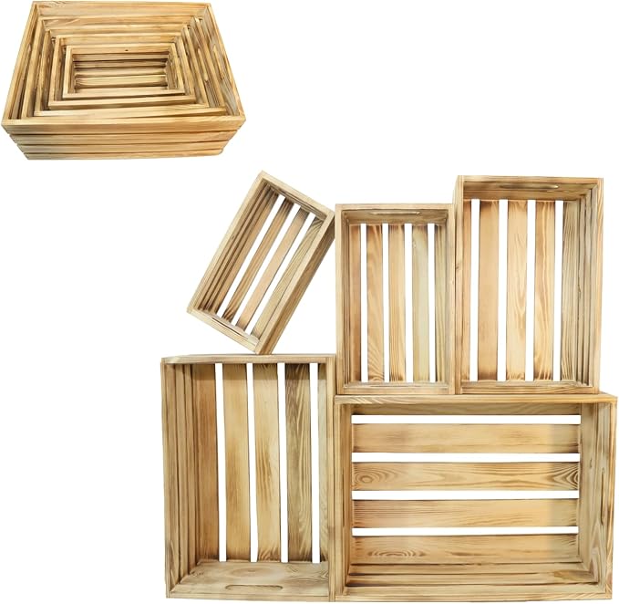 Wooden Crates for Display Large Rustic Nesting Wooden Basket with Handle, Farmhouse Wood Crate for Storage and Container, 5 Size Multipurpose Wood Basket for Fruits Vegetables Boxes XXL