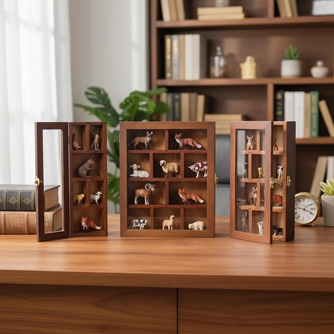 DoubleFill Set of 3 Wooden Trinket Display Shelf Shadow Box with Shelves 10 x 15 Inch Large Wall Mounted Display Storage Mini Figures Curio Trinket Medals Crafts Collections(Brown,Box Shape)