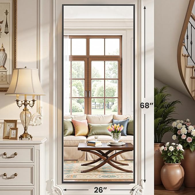 OLIXIS Full Length Mirror for Bedroom, 68"x26" Full Body Mirror with Stand, Hanging or Leaning for Wall, Aluminum Alloy Thin Frame Floor Standing for Living Room, Long, Black