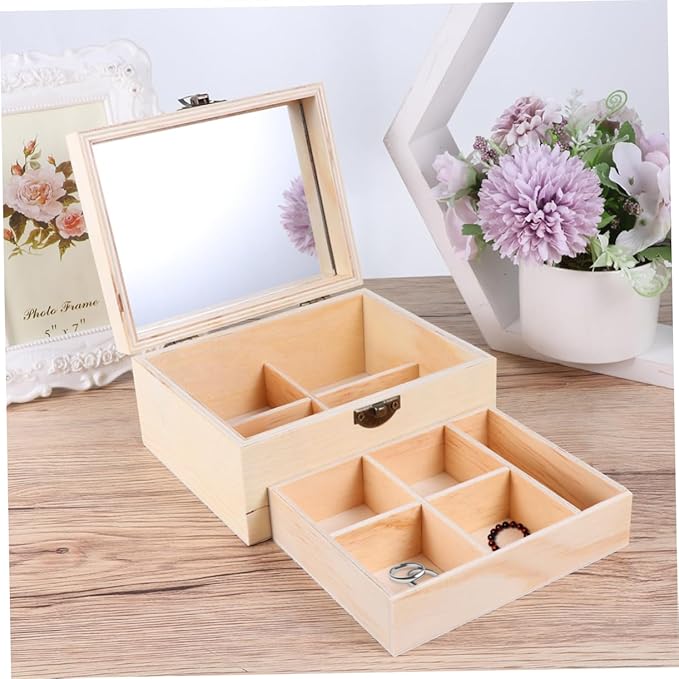 Beaupretty DIY Children's Double Mirror Jewelry Box Lightweight Clay Makeup Organizer Handmade Wooden Jewelry Box for Boys and Girls Colorful Design Storage for Trinkets and Accessories