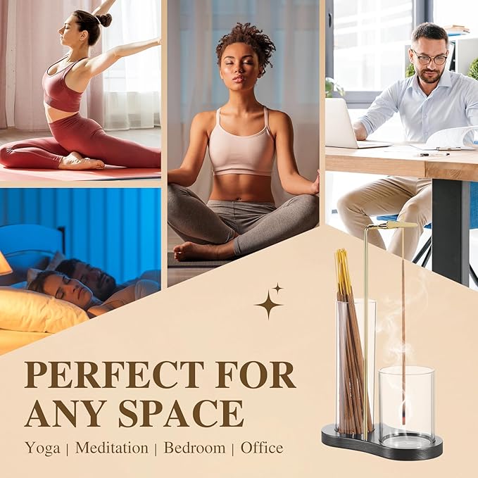 2 in 1 Incense Holder for Sticks with Glass Ash Catcher, Upside Down Anti-Ash Incense Stick Burner, Modern Vertical Incense Holder for Yoga, Spa, Meditation and Home Decor (Black)