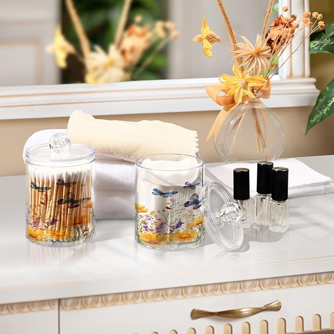 Nander 4Pack Beautiful Spring Wildflowers and Butterflies Qtip Holder Dispenser -Clear Plastic Apothecary Jars Set - Restroom Bathroom Makeup Organizers Containers for Cotton Swab, Ball, Pads, Floss