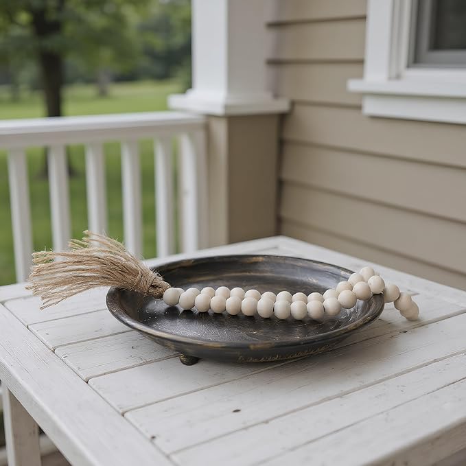 10” Candle Holder Plate Table Décor, Farmhouse Home Decorative Tray for Coffee Table or Dinning Table Centerpieces with 30” Wooden Bead Garland - Black
