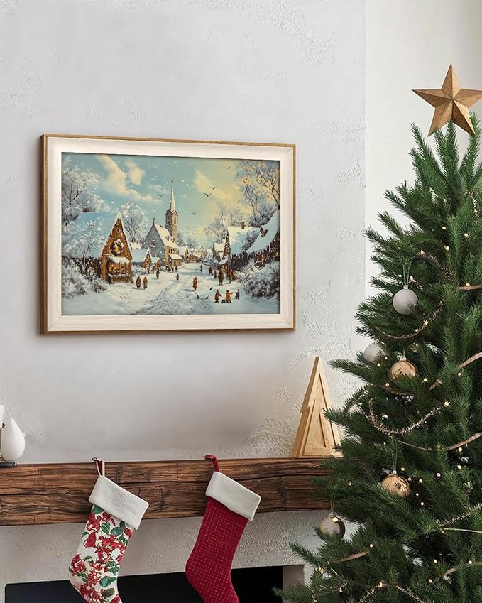 VIYYIEA Winter Framed Wall Art for Living Room, Snow Village Canvas Prints, Oil Painting Home Decor, Christmas Picture, Bathroom Wall Decor Gifts for Friends or Family - 16L x 12W