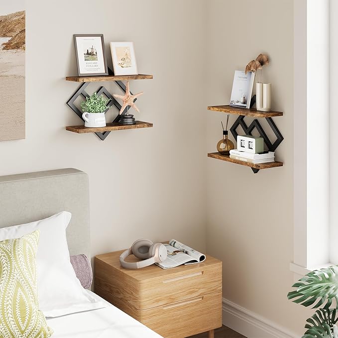 ELYKEN Floating Shelves for Wall, Set of 2 Hanging Shelves, 2-Tier Wall Mounted Storage Shelves for Books & Decor, Perfect for Living Room, Bedroom, Kitchen, Home Office, Study, Rustic Brown