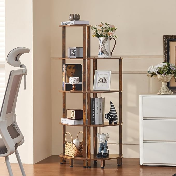 YUFAM 5-Tier Corner Shelf with Sturdy 5-Leg Base, 52in Tall Narrow Bookcase for Small Spaces, Wooden Plant Display Shelf, Thin Bookshelf for Living Room, Bedroom, Office, Brown
