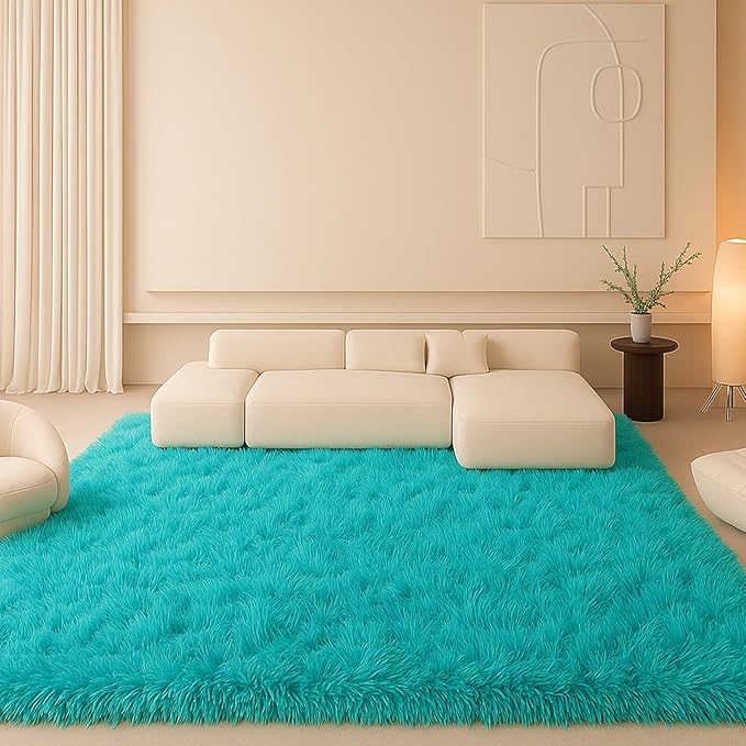 Teal Blue Plush Rug 9x12, Fluffy Shag Carpet Non-Slip, Area Rug for Living Room Bedroom, Modern Soft Rug for Kids Dorm, Hypoallergenic Easy-Clean