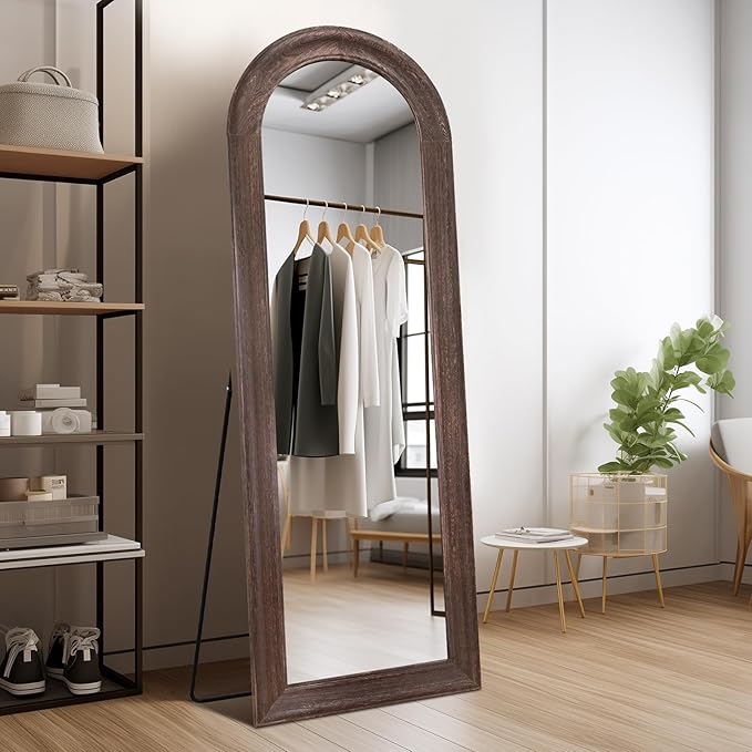 Solid Wood Full Length Mirror - 65"x22" Arched Floor Mirror, Free Standing & Wall Mounted - Elegant Design for Bedroom, Dressing Room, Hallway, Brown