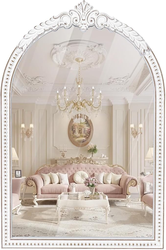 Farmhouse Baroque Wooden Wall Mirror - 36x24 Inches Antique White Arch Mirror, Ornate Beaded Decorative Mirror for Fireplace Mantel, Living Room