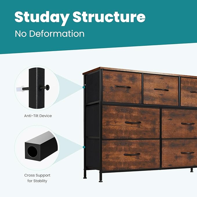 OLIXIS 7 Drawers Dresser for Bedroom, Fabric Storage Tower for Living Room, Entryway - Sturdy Steel Frame, Wooden Top & Easy Pull Fabric Bins, Closet Chests Organizer for Clothes, Brown