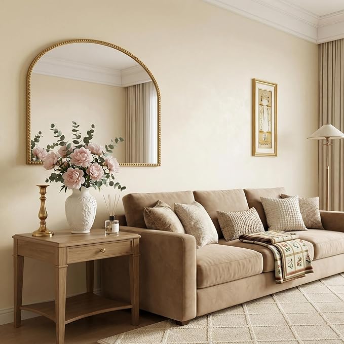 Arched Gold Decorative Wall Mirror 28"x35" Vintage Beaded Frame for Bathroom, Bedroom & Living Room