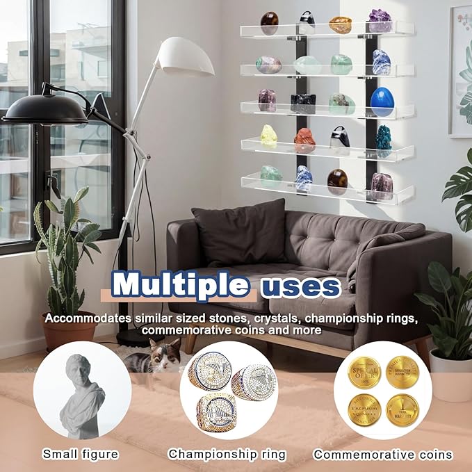 Novabright 5 Layer Rock Display Shelves Clear Acrylic Floating Shelves Wall Organizer for Stone Collection 11.8" Rock Display Stand for Stone Minerals Gemstones Crafts Figure Perfume for Living Room