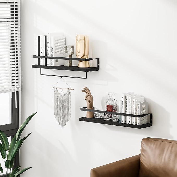 Bathroom Shelves with Towel Bar,Floating Shelves for Bathroom, Kitchen, Bedroom, Paulownia Wood, Matte Black Metal Frame - Set of 2 (Black)
