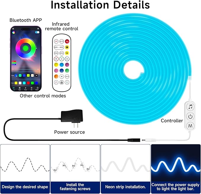 KANTUTOE LED Neon Rope Lights, 23ft RGB LED Light Strip, 24V Music Sync App/Remote Control DIY Rope Light, IP67 Waterproof Gaming LED Neon Strip Lights for Bedroom Indoor Oudoor Décor