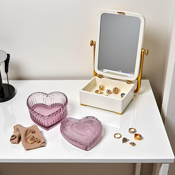 Cute Glass Jewelry Box - Heart Shape Cute Box for Storage Ring Earring Trinket Vintage Jewelry Organizer Decorative Gift for Women Girls-GRB003-Rose Red