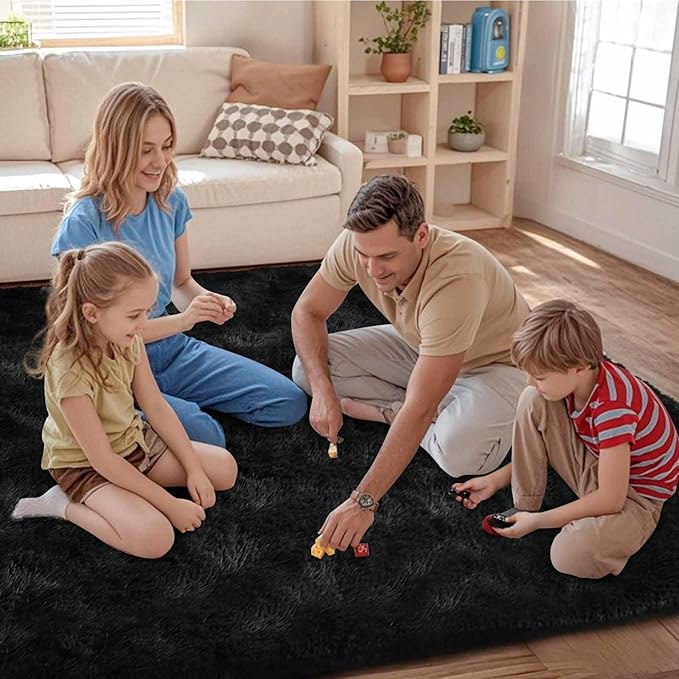 FinRèc 6x9 Feet Black Rugs for Bedroom Living Room, Plush Shag Area Rug, Non-Slip Fluffy Furry Rug for Nursery Kids Room Dorm Room Home Decor, Indoor Shaggy Floor Carpet
