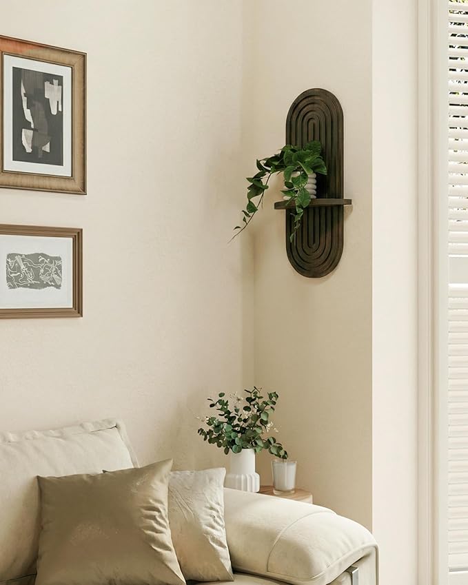 Bamworld Boho Wall Decor Brown Plant Wall Shelf, Mid Century Modern Decor Hanging Plant Shelf, 1-Tier Wooden Floating Shelves for Home, Bathroom Bedroom Living Room, Office Holding Planter