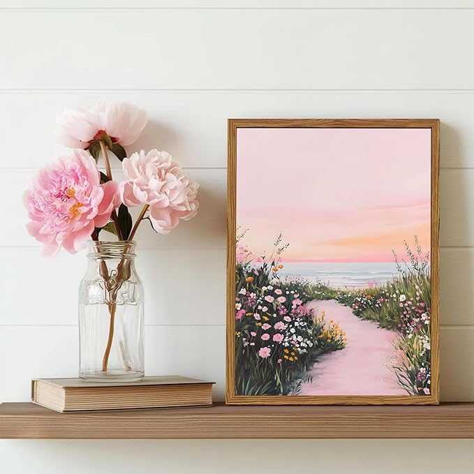 Framed Vintage Landscape Wall Art, Pink Floral Coastal Pictures Wall Decor, Rustic Wildflower Nature Paintings Canvas Prints Home Decor Aesthetic for Living Room Bedroom Bathroom 16x24 inch