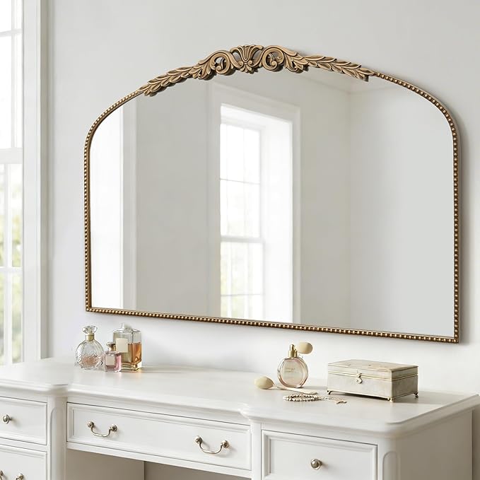 Besdomus Gold Large Fireplace Mirror: 48"x 33" Baroque Vintage Mirror - Traditional Ornate Antique Arched Mirrors for Bathroom/Wall/Vanity/Mantel/Bedroom/Entryway/Hallway - Home Decor for Living Room