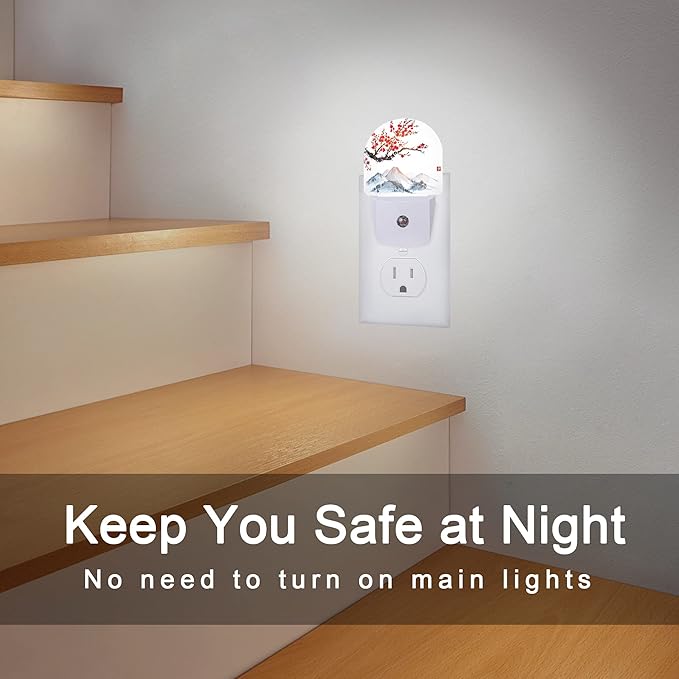Cherry Blossoms Night Light,Japanese Mountains Night Lights Plug into Wall Decor for Stairway/Hallway/Kitchen,Dusk to Dawn Sensor Nightlights for Boys/Girls/Women/Men Room Gifts