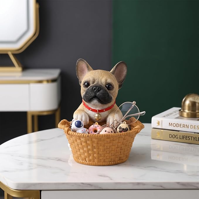 Dog Resin Storage Basket, Desktop Organizer for Remote & Keys, Cute Home Decor Tray, Ideal present for Pet Lovers.(French Bulldog Cream)