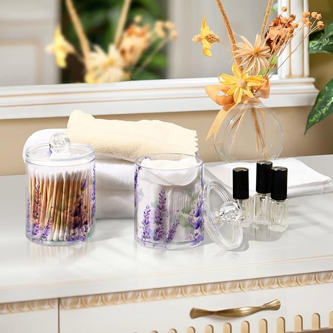 2 Pack Qtip Holder Dispenser for Cotton Ball Purple Lavender Cotton Swab Round Pads Clear Plastic Acrylic Jar Set Bathroom Canister