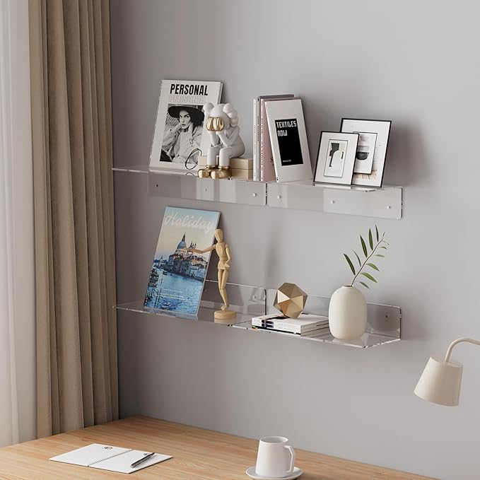 HANGE 4-Pack Clear Acrylic Floating Shelves, 12" Invisible Wall Mounted Shelves – Space-Saving Storage for Kids’ Books, Bathroom, Bedroom, Kitchen, Living Room – Modern Display Organizer