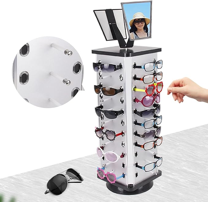 44Pcs Eyeglasses Holder Sunglasses Stand Display Rack 360°Rotating Spinning Storage Glasses Sunglass Shelf With Mirror Carousel Racks Eyewear Eyeglass For Home Or Shop Organizer Store Countertop