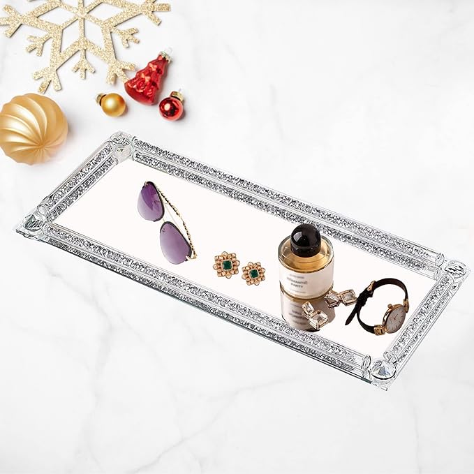 Crystal Glass Serving Tray, Crushed Diamond Filled Modern Glass Mirror Jewelry Trinket Tray, 13.7" x 5.9" Rectangular Makeup Perfume Tray for Bedroom Dresser, Home Decor, Banquet,Party(Silver)