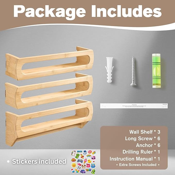 Nursery Shelves for Wall, Premium Bamboo Wood, Fully Assembled - Nursery Book Shelves, Book Shelf for Kids Rooms, Multi-Use Floating Shelves for Wall, Set of 3 (Natural, 16.5 Inches)