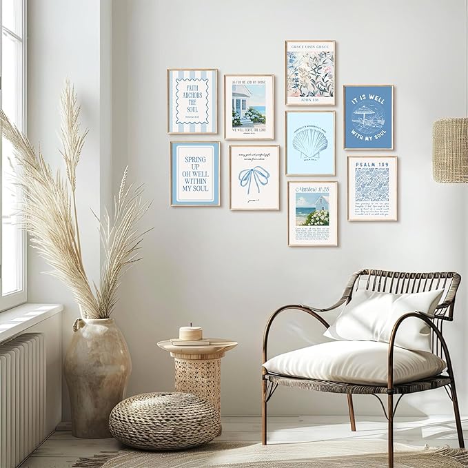 Christian Bible Verse Wall Art Blue Coastal Granddaughter Canvas Wall Decor Preppy Aesthetic Scripture Posters Religious Beach Pictures Floral Bow Prints for Living Room Bedroom 12x16x9 Inch Unframed