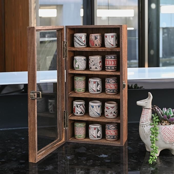 Ikee Design Wall Mounted Wooden Collectible Display Case 5 Shelf Display Storage Accessories with Tempered Glass Door, Sunglass Cabinet, Wall Shadow Box, Brown Color