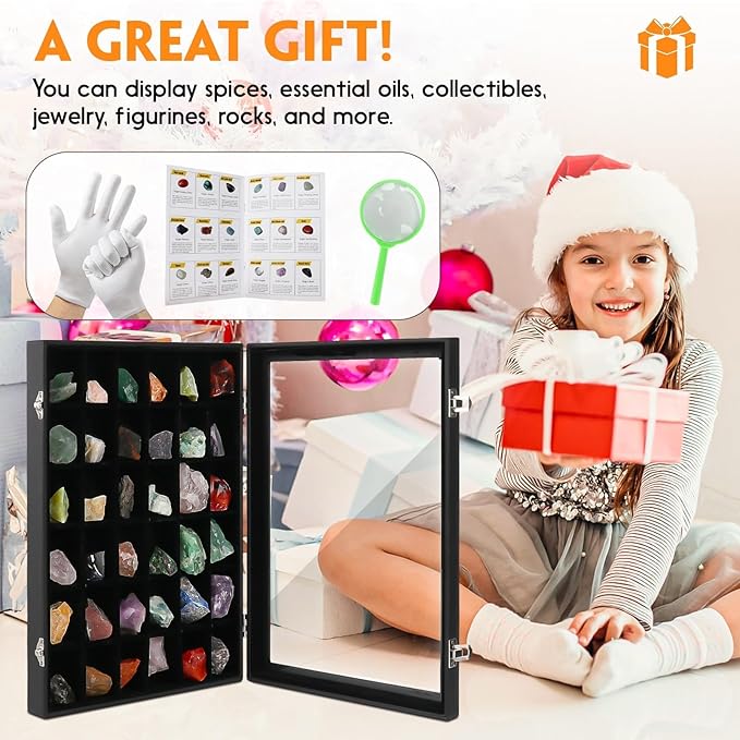 Rock Collections Box for Kids - PU Leather Rock Display Case with 36 Grid - Storage & Display Shelf for Collectibles