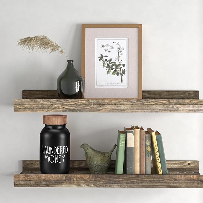 Laundry Room Decor & Organization - Premium Matte Black Glass Coin Bank with Wood Lid - Rustic Farmhouse Money Jar for Loose Change - Funny Laundered Money Tip Jar & Shelf Accessories