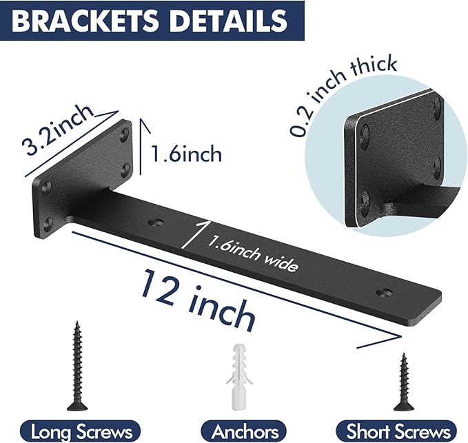 Starunder 12 Pack Floating Shelf Brackets,12 Inch Heavy Duty Industrial Shelf Bracket, Black Metal L Brackets for Shelves Support DIY(1/5 Inch Thicked)
