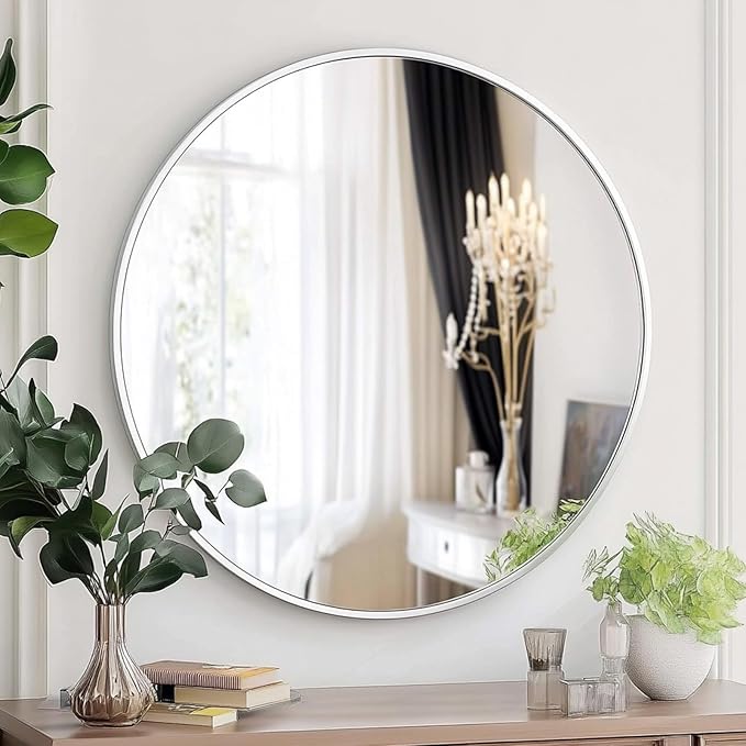 Oruii White Round Mirror, White Round Mirror 24 inch, Circle Bathroom Mirrors Metal Frame, Circle Mirrors for Wall, Bathroom, Over Sink, Living Room, Entryway, Vanity