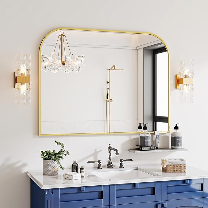 Gold Arched Top Wall Mounted Mirror - 48 x 30 Inch Round Cruved Top Bathroom Vanity Mirror, Aluminum Metal Framed, Home Decor for Living Room, Bedroom, Fireplace, Mantle, Entryway