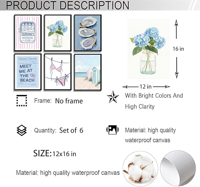 Zuowclli 6Pcs Preppy Coastal Wall Art Prints Pink Blue Coastal Granddaughter Wall Decor Pictures Summer Bikini Oysters Hydrangeas Beachy Aesthetic Posters for Girly Bedroom Dorm Apartment 12x16in