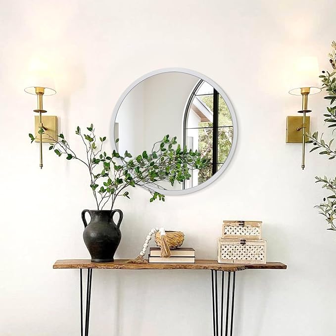 JJUUYOU Round Wall Mirror 16 Inch Metal Circle Wall Mirror for Bathroom Silver Circular Mirror Washroom Wall Mounted Make up Mirror for Living Room, Bedroom Dorm