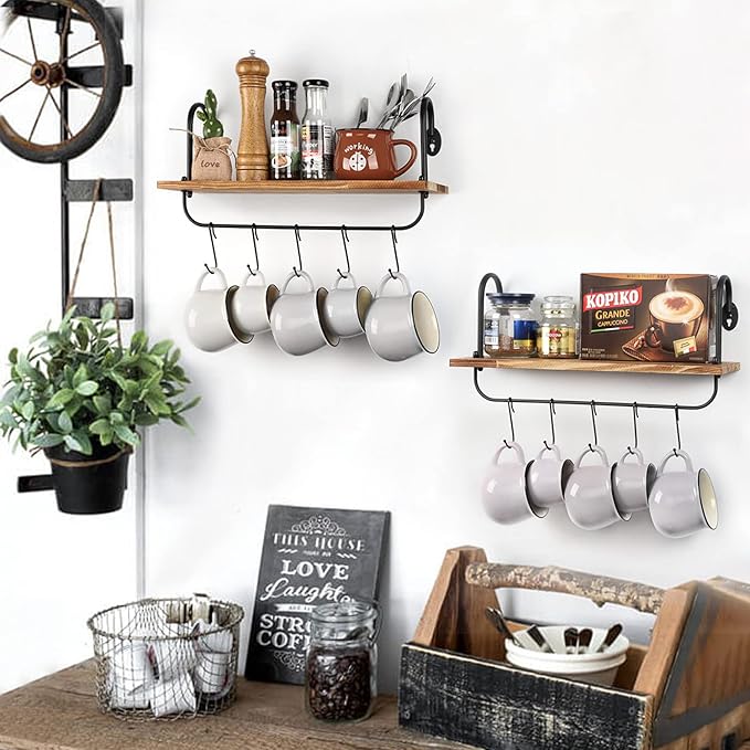 Olakee Floating Wall Shelves for Kitchen Bathroom Coffee Nook with 10 Adjustable Hooks for Coffee Mugs, Coffee Bar Organizer and Decor, Rustic Storage Shelves Set of 2
