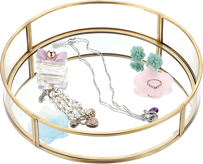 ELLDOO Gold Round Glass Decorative Tray, 9.9inch Metal Mirrored Jewelry Tray, Makeup Perfume Organizer for Bathroom Sink Vanity Dresser