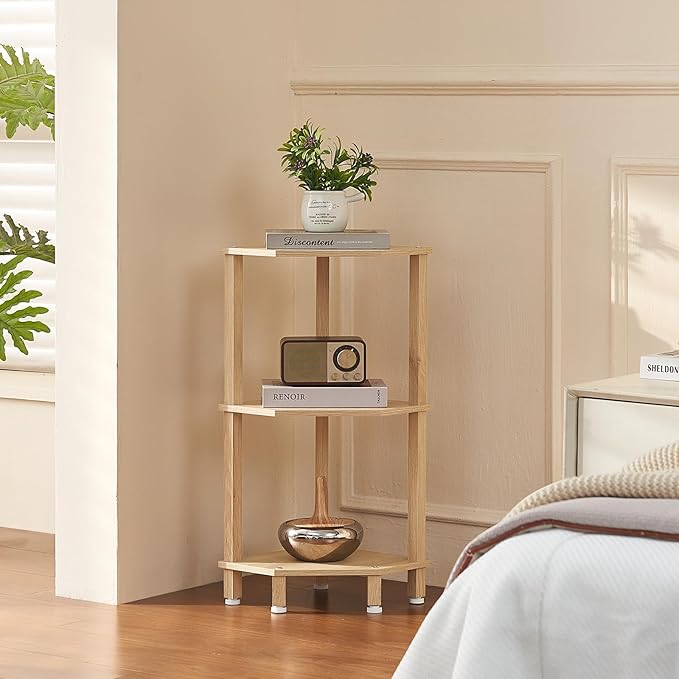 YUFAM 3-Tier Corner Shelf with Sturdy 5-Leg Base, 29in Tall Narrow Bookcase for Small Spaces, Wooden Plant Display Shelf, Thin Bookshelf for Living Room, Bedroom, Office, Natural