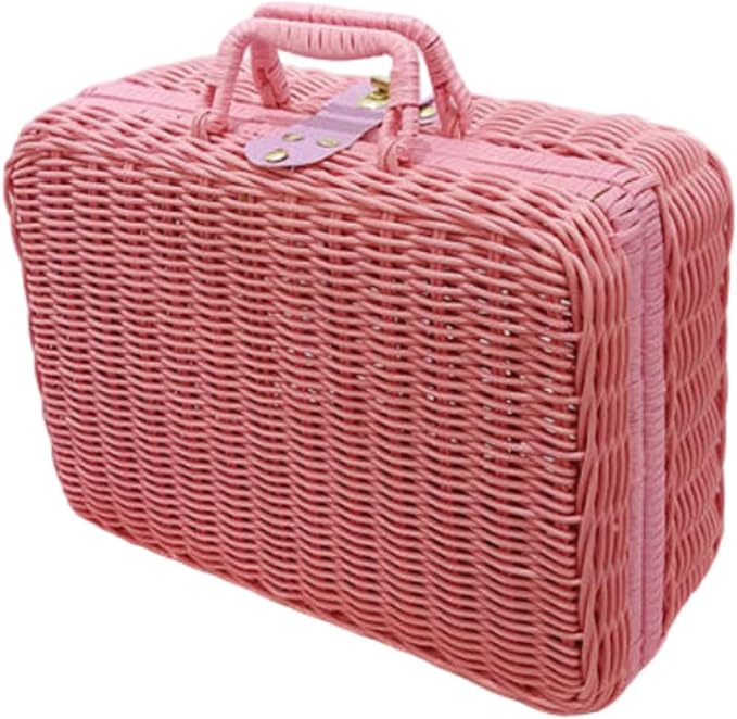 Woven Suitcase Imitation Rattan Storage Basket Portable Photo Prop Makeup Case Picnic Basket for Tabletop Bathroom Household, Pink XL