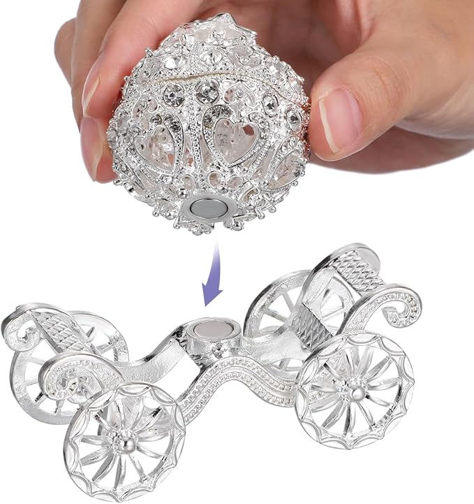 Ipetboom Rhinestone Trinket Box - 1pc Silver Pumpkin Carriage Princess Crystal Jewelry Box Alloy Pumpkin Cart Ornaments Display Holder Organizer for Accessories Cosmetics - 3.14x2.95x1.97in